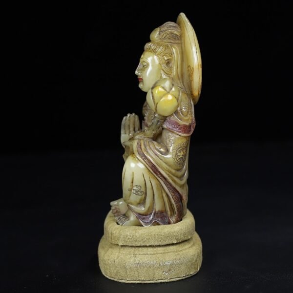 Old collection of wooden box Shoushan stone hand-carved lotus Guanyin Bodhisattva Buddha statue - Image 7