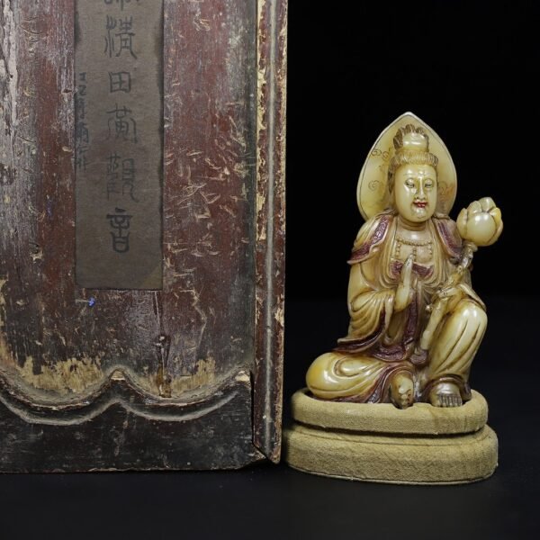 Old collection of wooden box Shoushan stone hand-carved lotus Guanyin Bodhisattva Buddha statue - Image 8