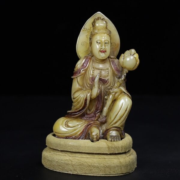 Old collection of wooden box Shoushan stone hand-carved lotus Guanyin Bodhisattva Buddha statue - Image 9