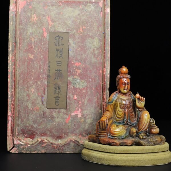 Old Collection Wooden Box Shoushan Stone Guanyin Bodhisattva Buddha Statue