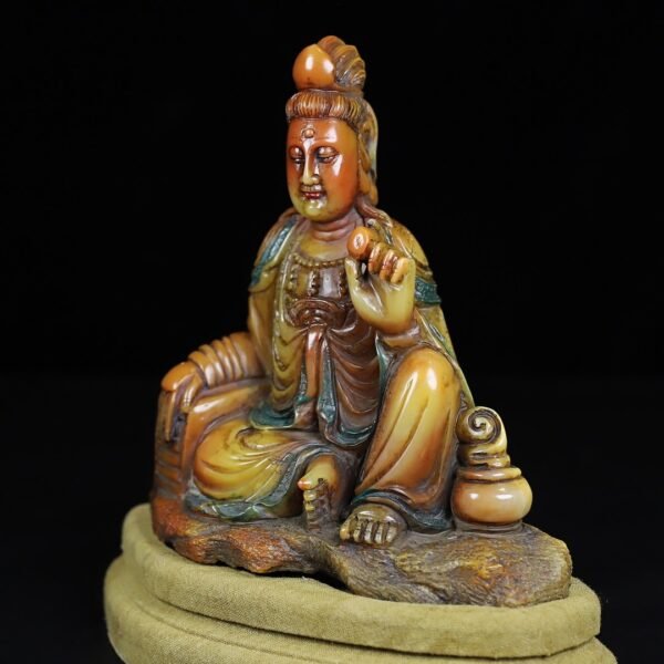 Old Collection Wooden Box Shoushan Stone Guanyin Bodhisattva Buddha Statue - Image 3