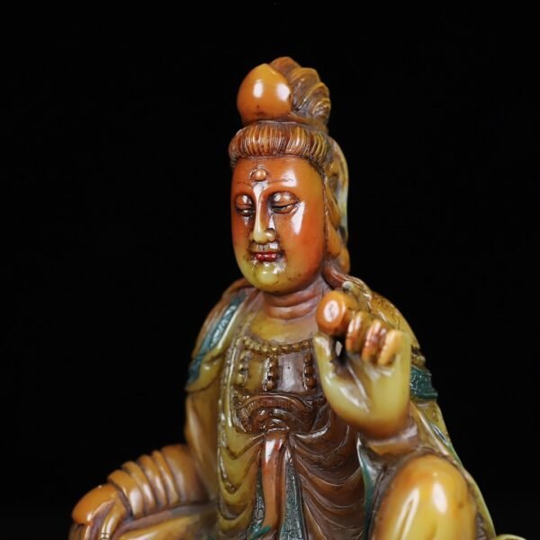 Old Collection Wooden Box Shoushan Stone Guanyin Bodhisattva Buddha Statue - Image 4