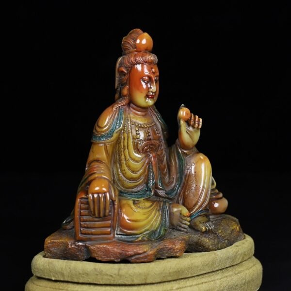 Old Collection Wooden Box Shoushan Stone Guanyin Bodhisattva Buddha Statue - Image 2