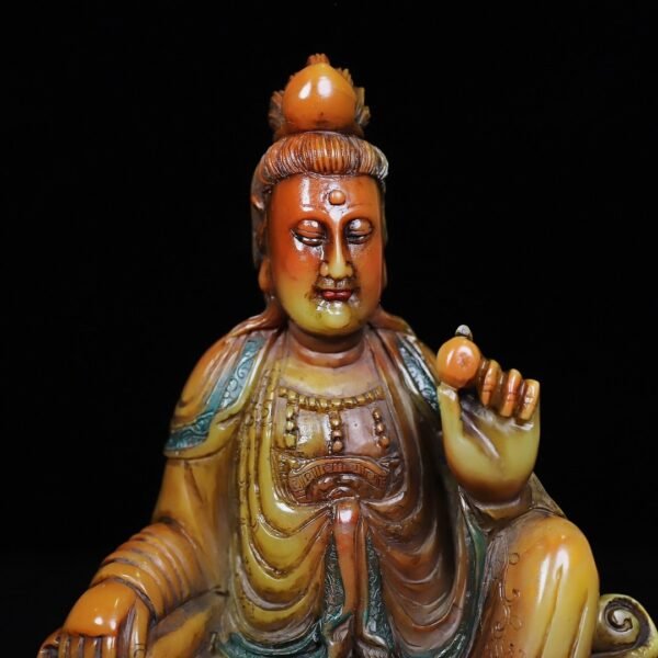Old Collection Wooden Box Shoushan Stone Guanyin Bodhisattva Buddha Statue - Image 5