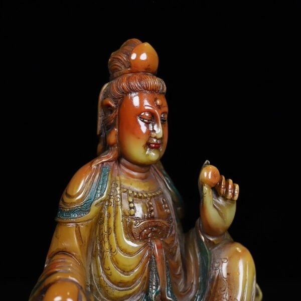 Old Collection Wooden Box Shoushan Stone Guanyin Bodhisattva Buddha Statue - Image 7