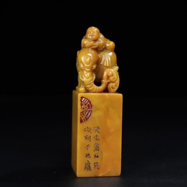 old collection of wooden box Shoushan stone Tianhuang carved boy playing with elephant seals - Image 4