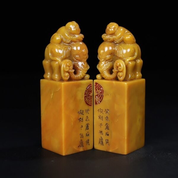 old collection of wooden box Shoushan stone Tianhuang carved boy playing with elephant seals - Image 6