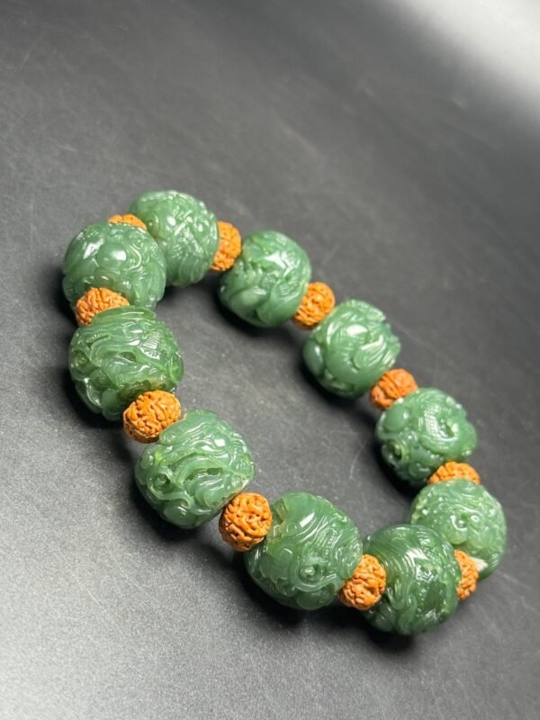 Hetian Jade Jade Bracelet, each bead is full, carved with dragon pattern, dragon - Image 4