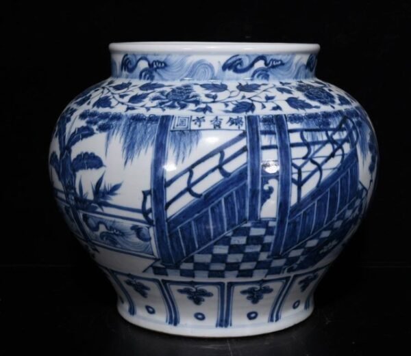 Yuan Dynasty blue and white brocade pavilion pattern jar - Image 2