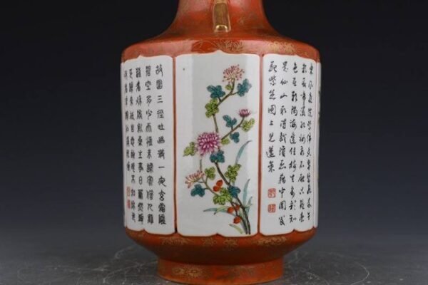 Qing Qianlong Alum Red Gold Painting Four Seasons Flower Poems Vase - Image 6