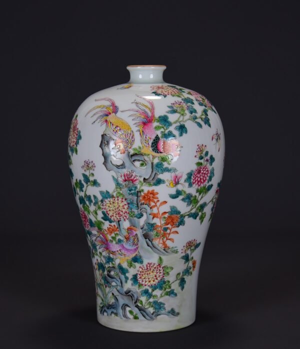 old collection of Qing Yongzheng famille rose plum vase with a picture of spring dawn