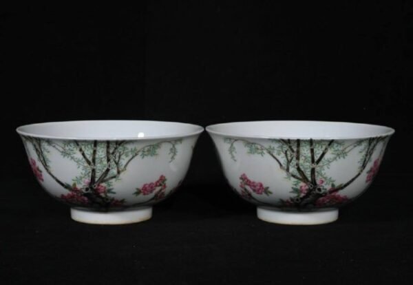 A pair of famille rose bowls with apricot forest and spring swallows