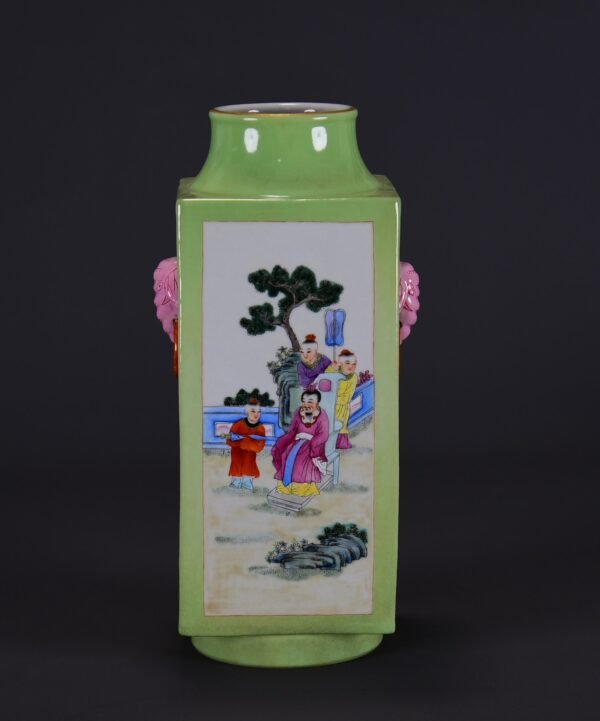Old collection of Qing Dynasty Qianlong fruit green glazed pink enamel Cong-style vase