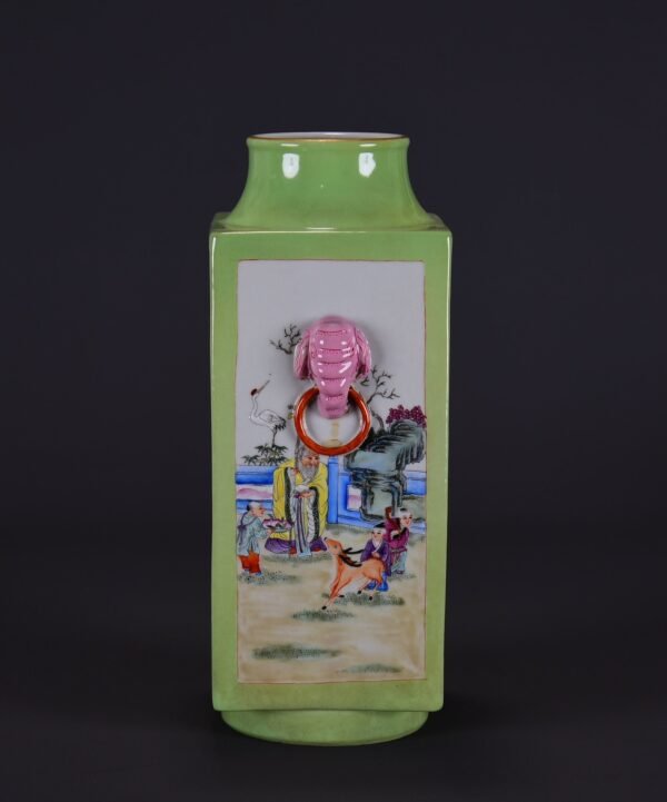 Old collection of Qing Dynasty Qianlong fruit green glazed pink enamel Cong-style vase - Image 3