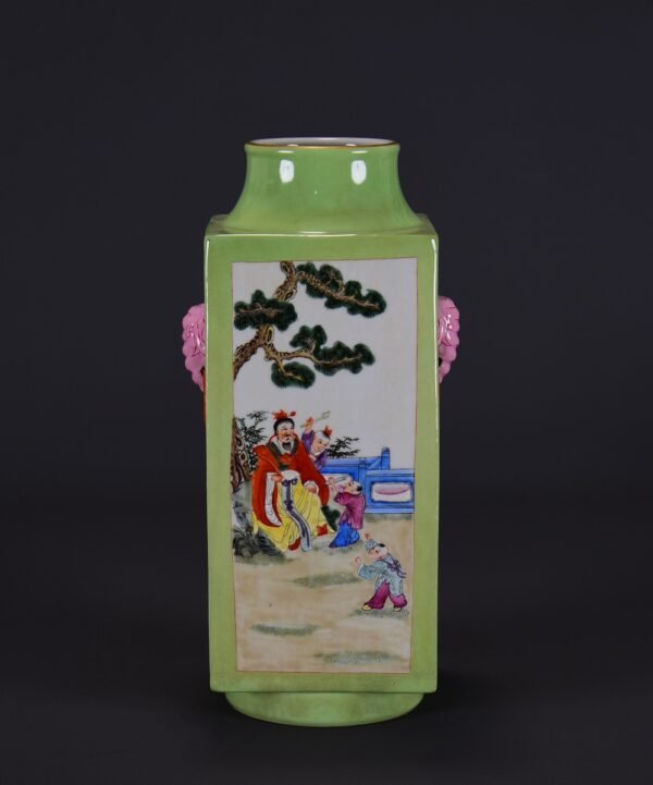 Old collection of Qing Dynasty Qianlong fruit green glazed pink enamel Cong-style vase - Image 7