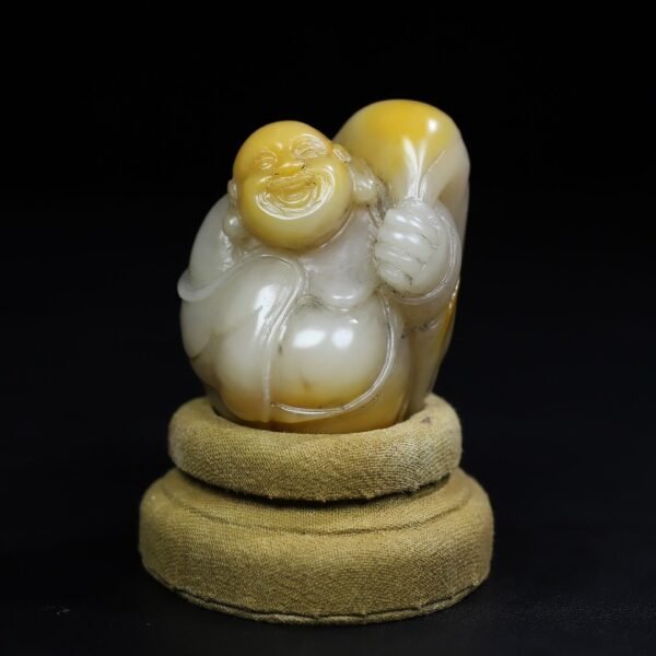 Old collection of wooden box Shoushan stone cloth bag Maitreya laughing Buddha treasure - Image 6