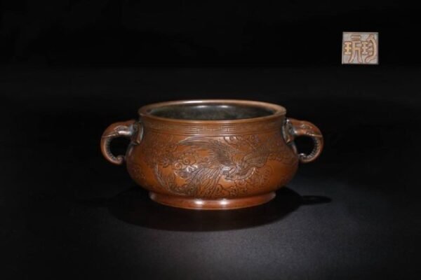 Ming Dynasty Fine Cast Copper Body Phoenix Pattern Elephant Head Ear Furnace