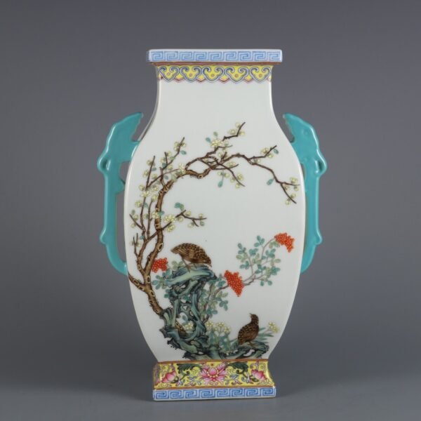 Qing Dynasty Qianlong period pink enamel live and work two-handled square vase