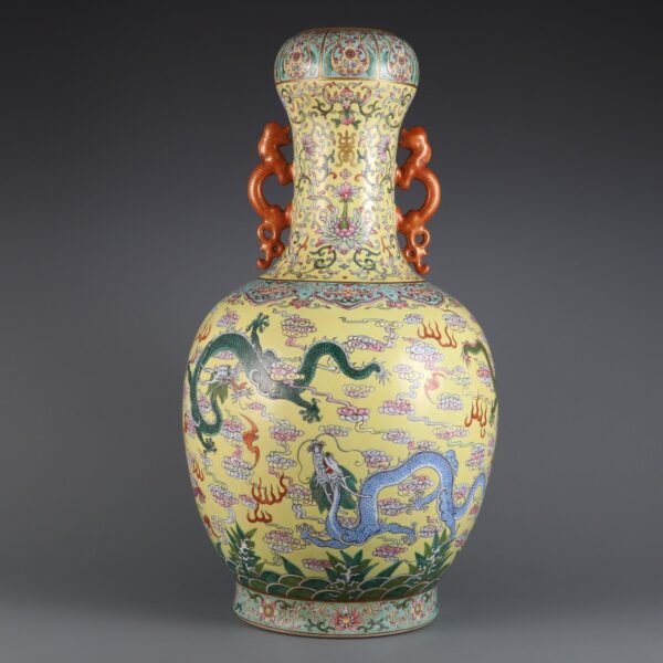 Large vase with yellow ground and double dragon handles in pastel-colored cloud and dragon patterns - Image 2