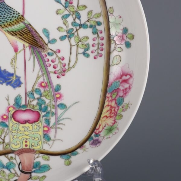 Qing Yongzheng Period Famille Rose Flower and Bird Pattern Rouge Red Glaze Appreciation Plate - Image 5