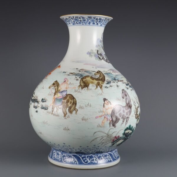 Qing Dynasty Qianlong period powder enamel horse wash pattern large jade pot spring vase - Image 2