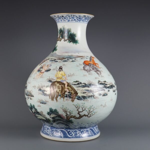 Qing Dynasty Qianlong period powder enamel horse wash pattern large jade pot spring vase - Image 3