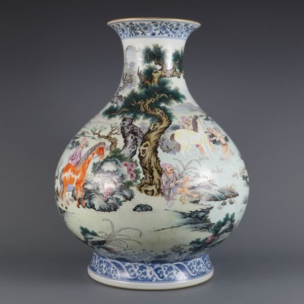 Qing Dynasty Qianlong period powder enamel horse wash pattern large jade pot spring vase