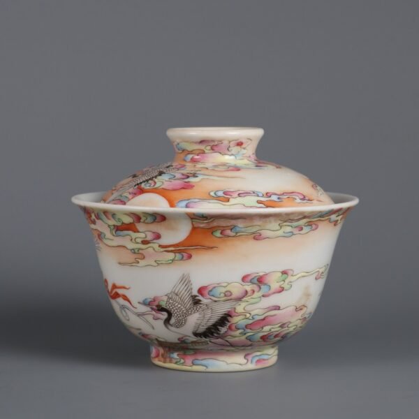 Qing Dynasty Qianlong period pink enamel auspicious cloud crane pattern covered bowl - Image 6
