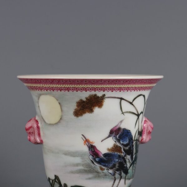 Qing Dynasty Qianlong Period Famille Rose Kingfisher Poem Double Animal Handle Wine Cup - Image 3