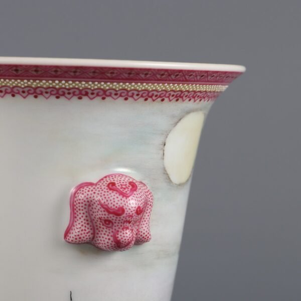 Qing Dynasty Qianlong Period Famille Rose Kingfisher Poem Double Animal Handle Wine Cup - Image 4