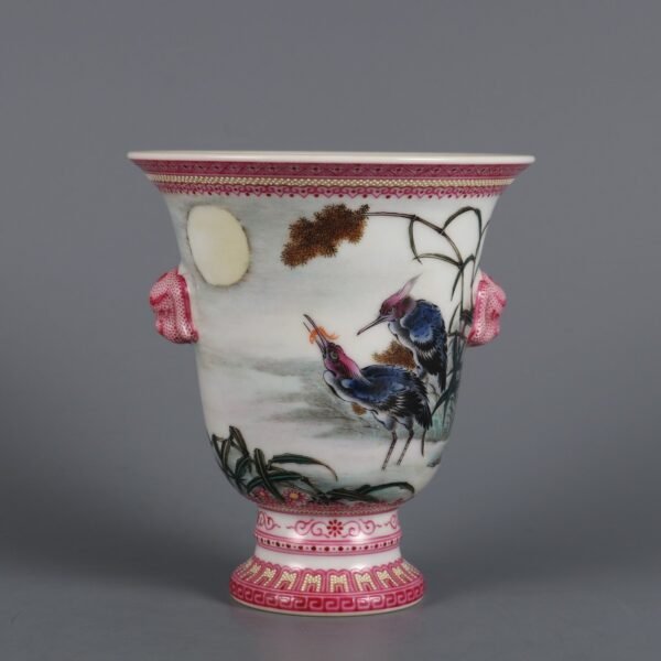 Qing Dynasty Qianlong Period Famille Rose Kingfisher Poem Double Animal Handle Wine Cup