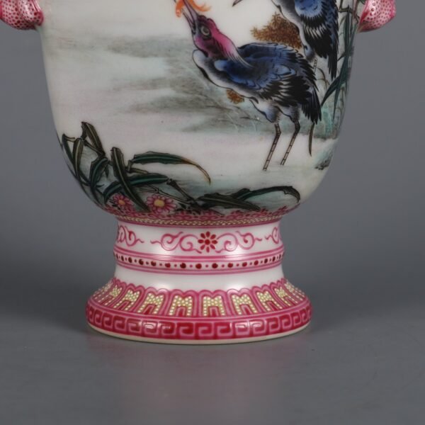 Qing Dynasty Qianlong Period Famille Rose Kingfisher Poem Double Animal Handle Wine Cup - Image 6