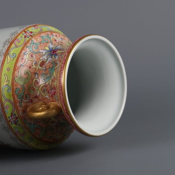 Qing Dynasty Qianlong period pink enamel orchid jade tree pattern double-ear tube vase - Image 3