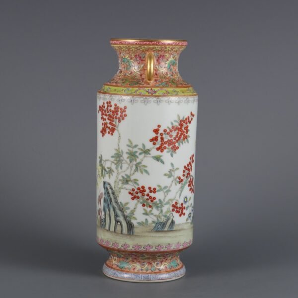 Qing Dynasty Qianlong period pink enamel orchid jade tree pattern double-ear tube vase - Image 2