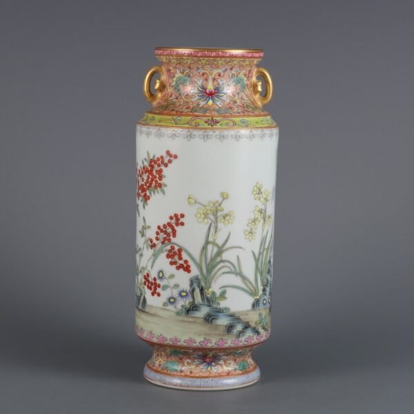 Qing Dynasty Qianlong period pink enamel orchid jade tree pattern double-ear tube vase