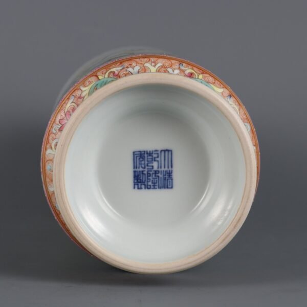 Qing Dynasty Qianlong period pink enamel orchid jade tree pattern double-ear tube vase - Image 8