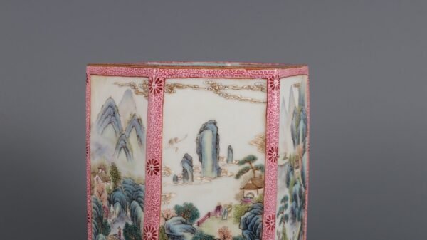 Qing Dynasty Qianlong Period Famille Rose Window Landscape Figure Story Hexagonal Brush Holder - Image 3