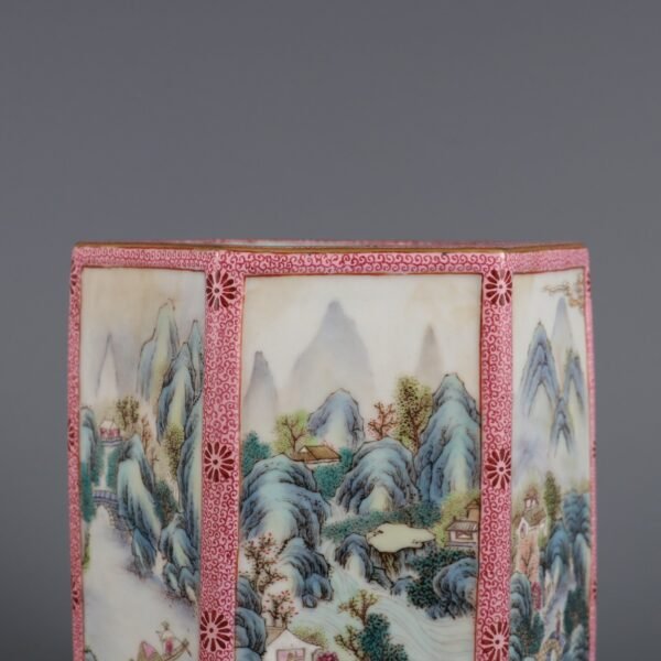 Qing Dynasty Qianlong Period Famille Rose Window Landscape Figure Story Hexagonal Brush Holder - Image 4
