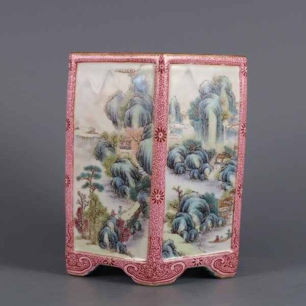 Qing Dynasty Qianlong Period Famille Rose Window Landscape Figure Story Hexagonal Brush Holder - Image 2