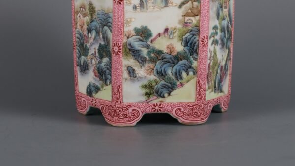 Qing Dynasty Qianlong Period Famille Rose Window Landscape Figure Story Hexagonal Brush Holder - Image 5
