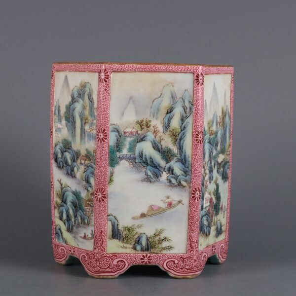 Qing Dynasty Qianlong Period Famille Rose Window Landscape Figure Story Hexagonal Brush Holder - Image 6