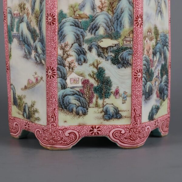 Qing Dynasty Qianlong Period Famille Rose Window Landscape Figure Story Hexagonal Brush Holder - Image 8