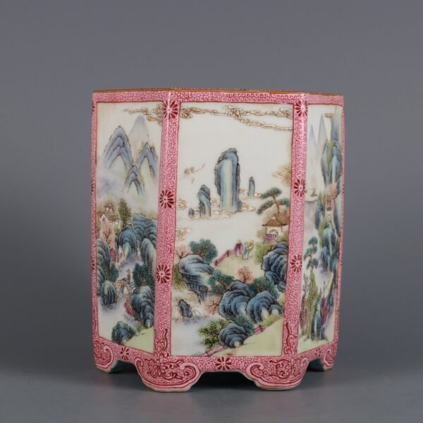 Qing Dynasty Qianlong Period Famille Rose Window Landscape Figure Story Hexagonal Brush Holder