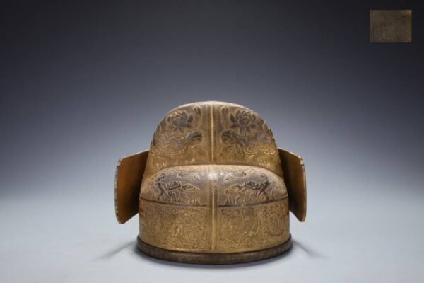 Qing Dynasty, hammered copper, gilded, official hat ornament with interesting lotus pond
