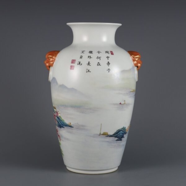 Qing Dynasty Qianlong period pink enamel landscape figure story animal ear vase