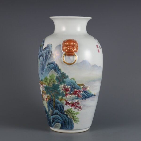 Qing Dynasty Qianlong period pink enamel landscape figure story animal ear vase - Image 2