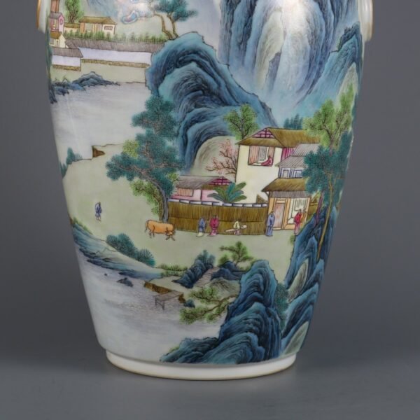 Qing Dynasty Qianlong period pink enamel landscape figure story animal ear vase - Image 3