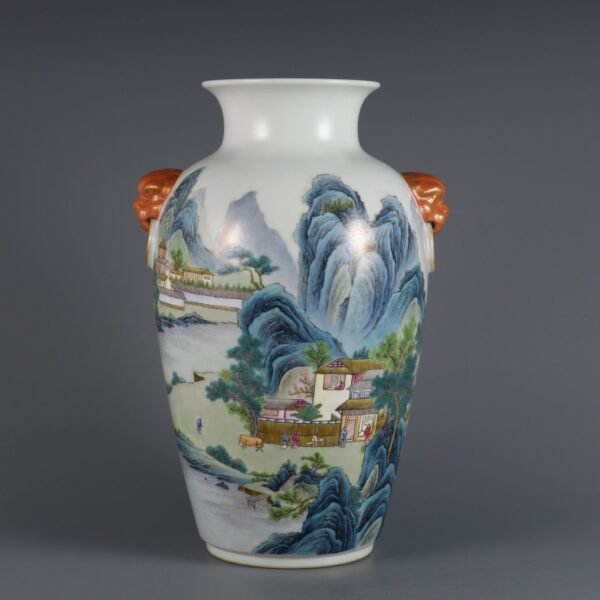 Qing Dynasty Qianlong period pink enamel landscape figure story animal ear vase - Image 6
