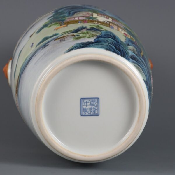 Qing Dynasty Qianlong period pink enamel landscape figure story animal ear vase - Image 9