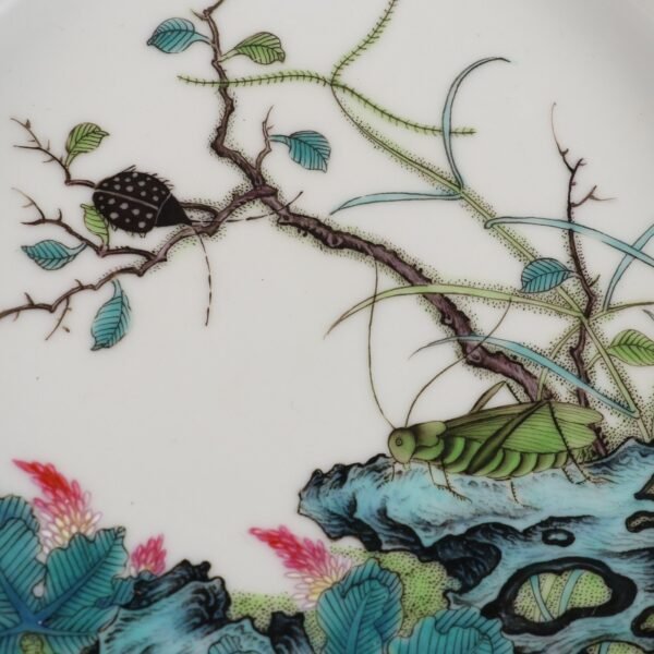 Qing Dynasty Yongzheng period powder color insect grass pattern flat foot plate - Image 3